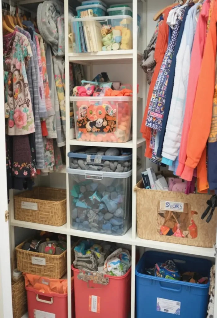 Kids closet labeled storage bins helping easy organization and cleanup