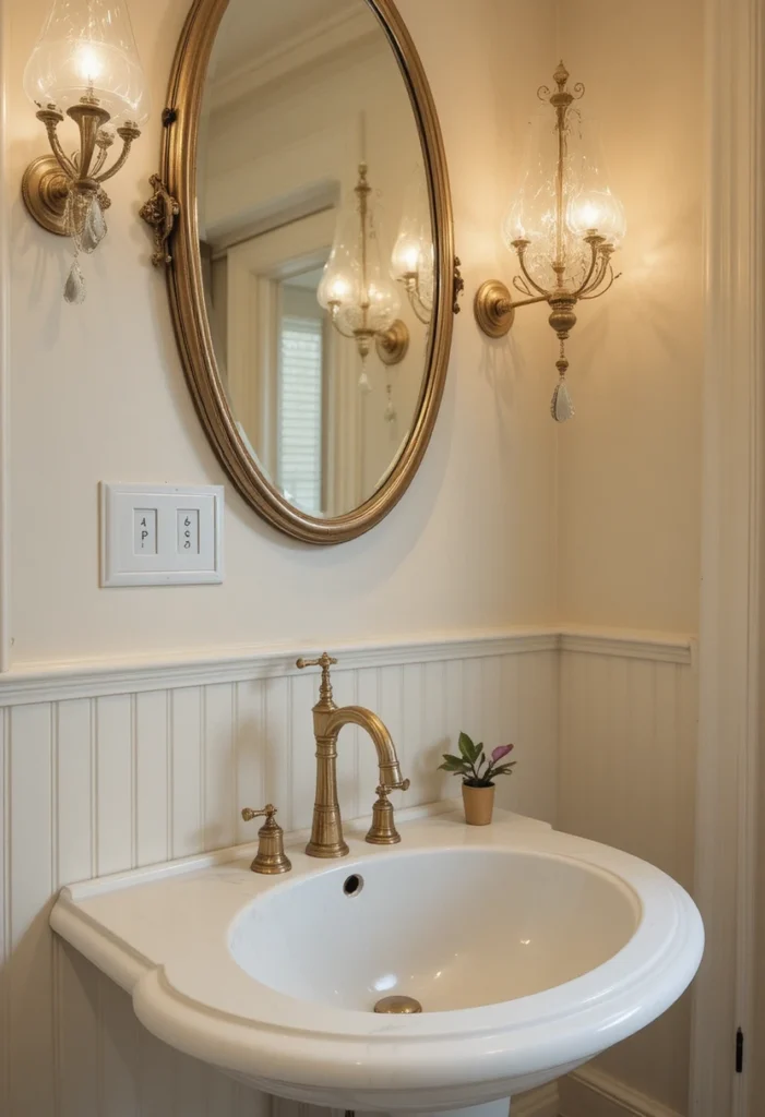Vintage-style bathroom sink with classic brass fixtures and cozy decor.