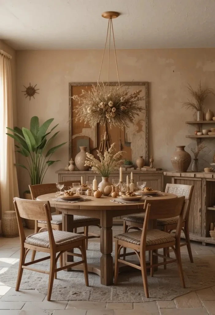 Earthy color palette boho dining room with warm natural tones.