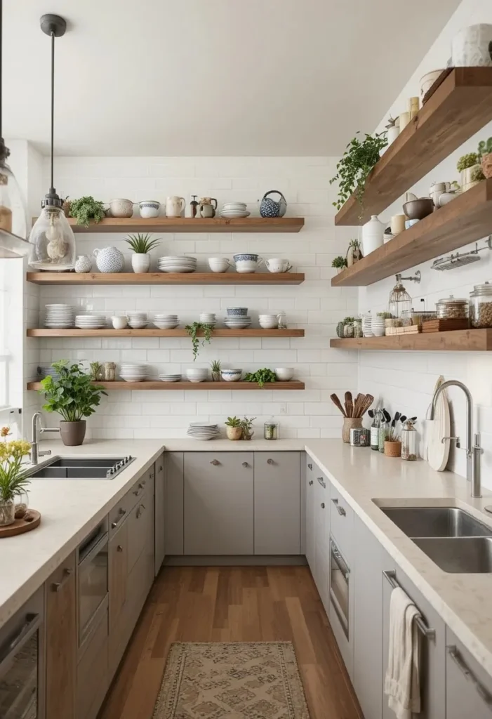Open shelving in a long modern kitchen layout