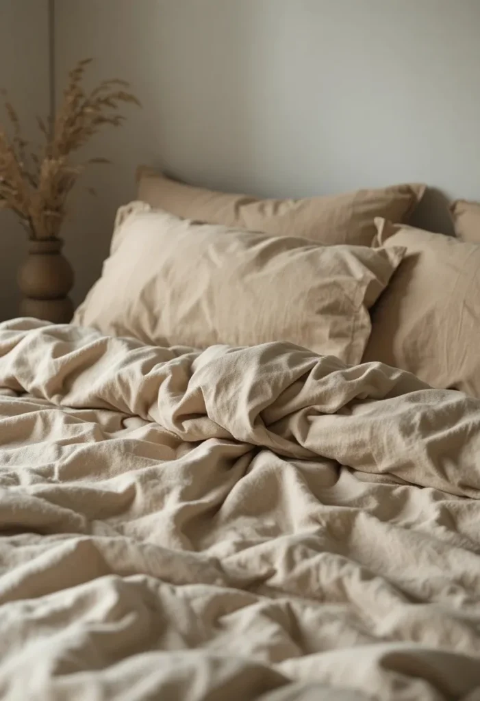 moody bedroom ideas with layered linen bedding and soft earthy tones