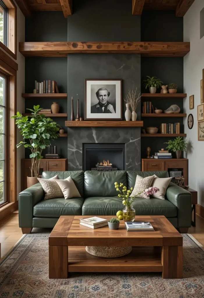 Green leather couch paired with warm wood furniture