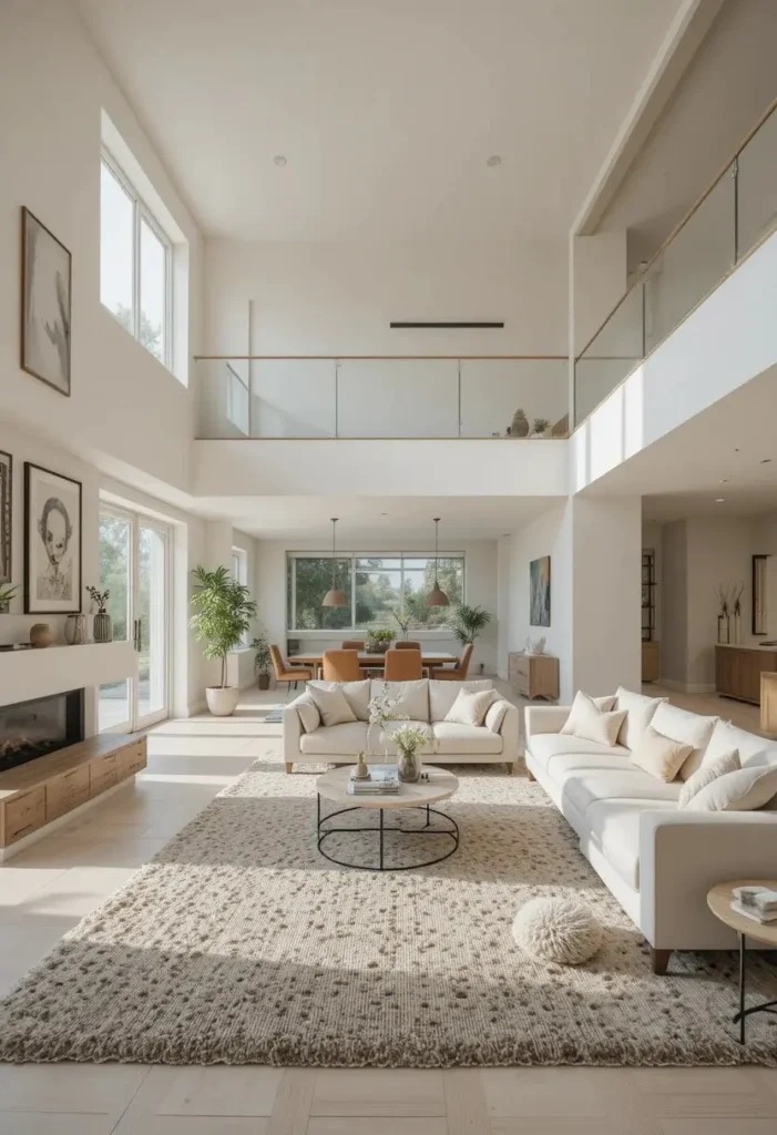 Open plan sunken living room integrated into spacious modern home.