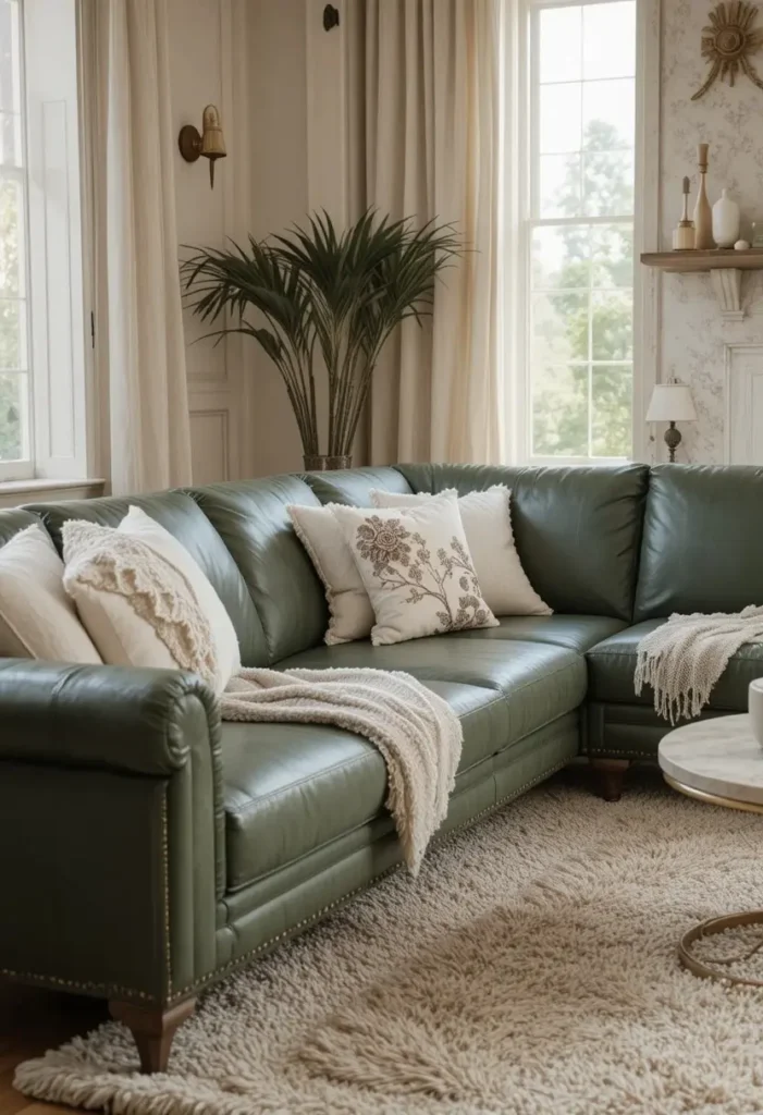 Green leather couch with cream and beige decor