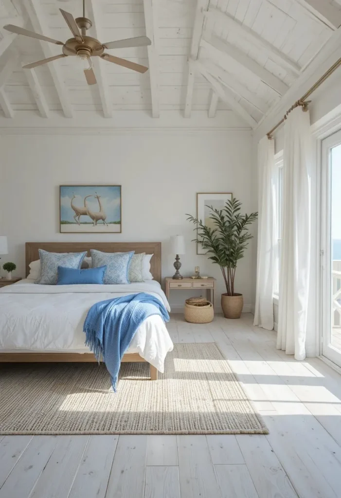 Light wood flooring in a beach-inspired bedroom