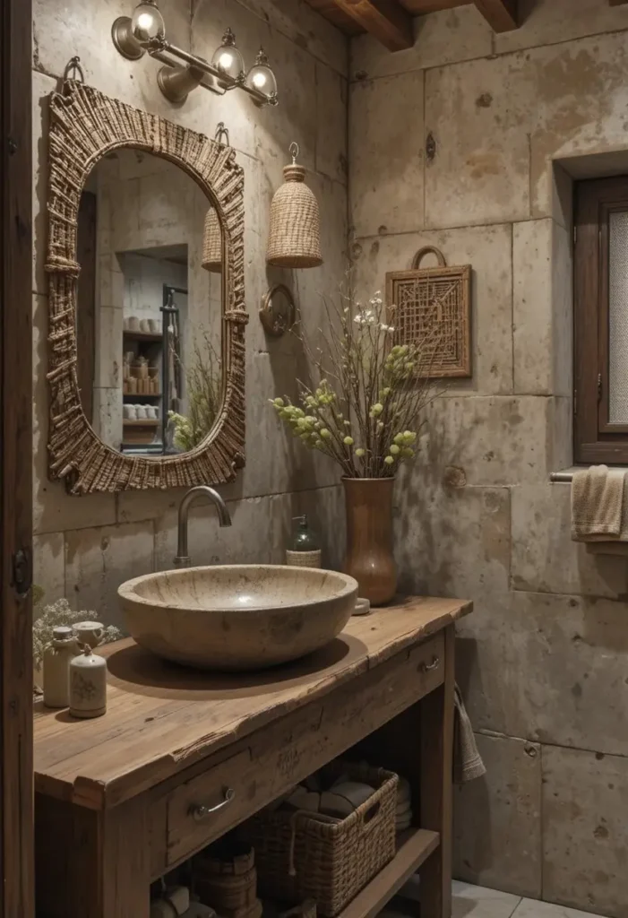 Natural stone bathroom sink with rustic wood vanity and warm decor.