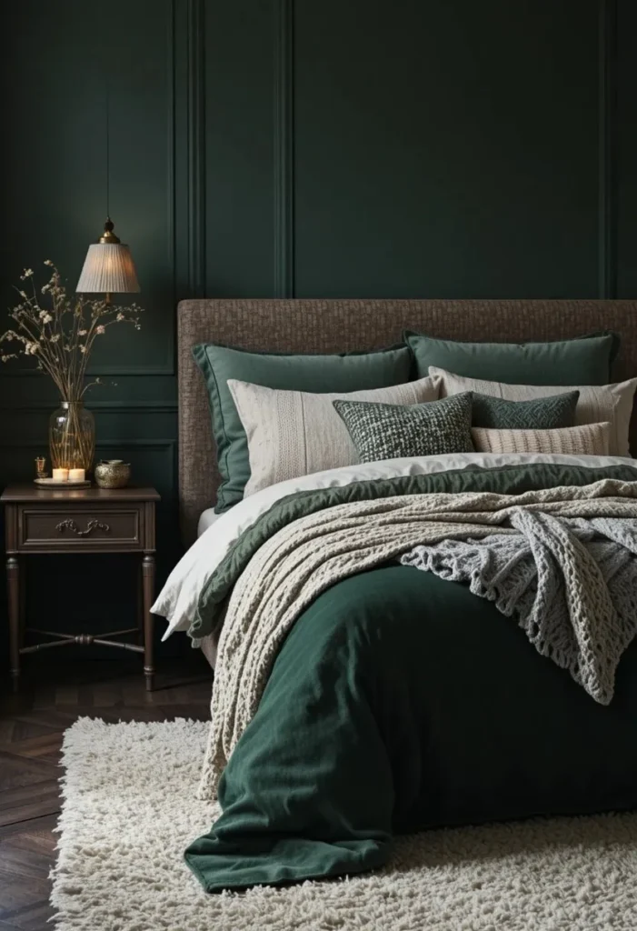 Dark green bedroom styled with layered textures like velvet, linen, and knit fabrics for a warm cozy look