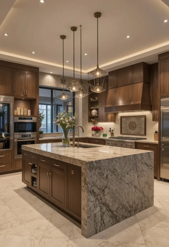 Elegant kitchen with natural stone island and warm organic textures.