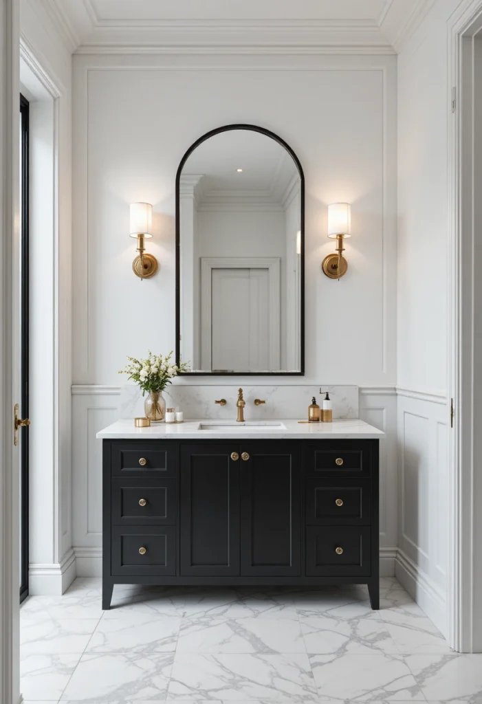 Matte black bathroom vanity with white marble countertop