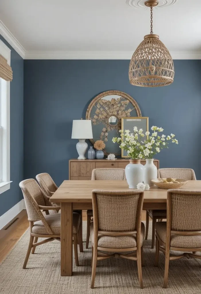 Blue dining room paired with wood furniture for natural warmth