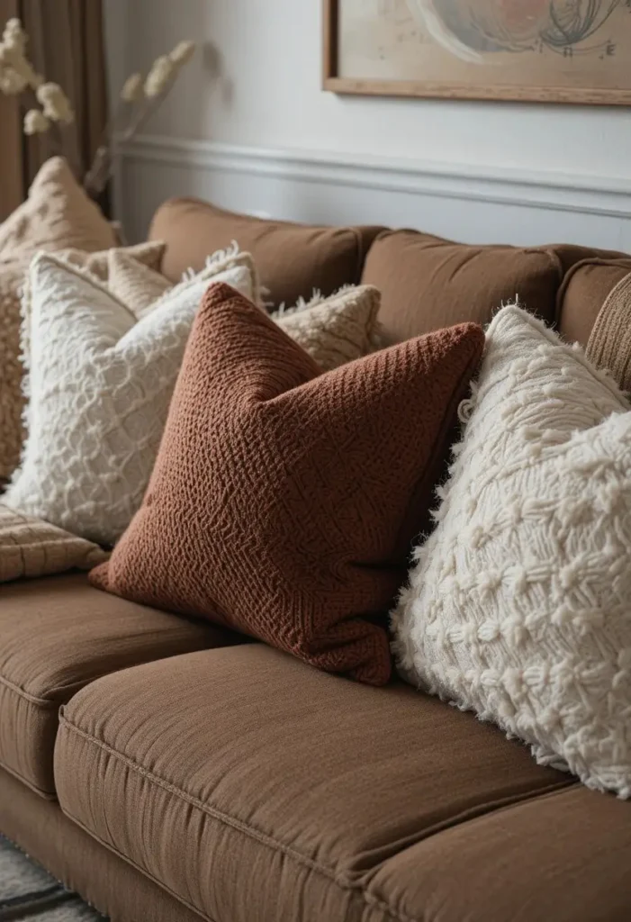Brown couch decorated with cozy throw pillows