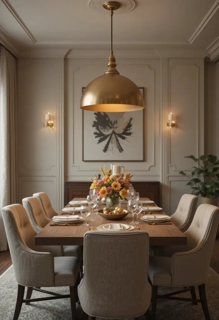 Warm brass pendant light creating elegant glow over dining table