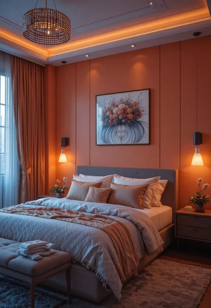 Orange bedroom illuminated with warm layered lighting and cozy decor.