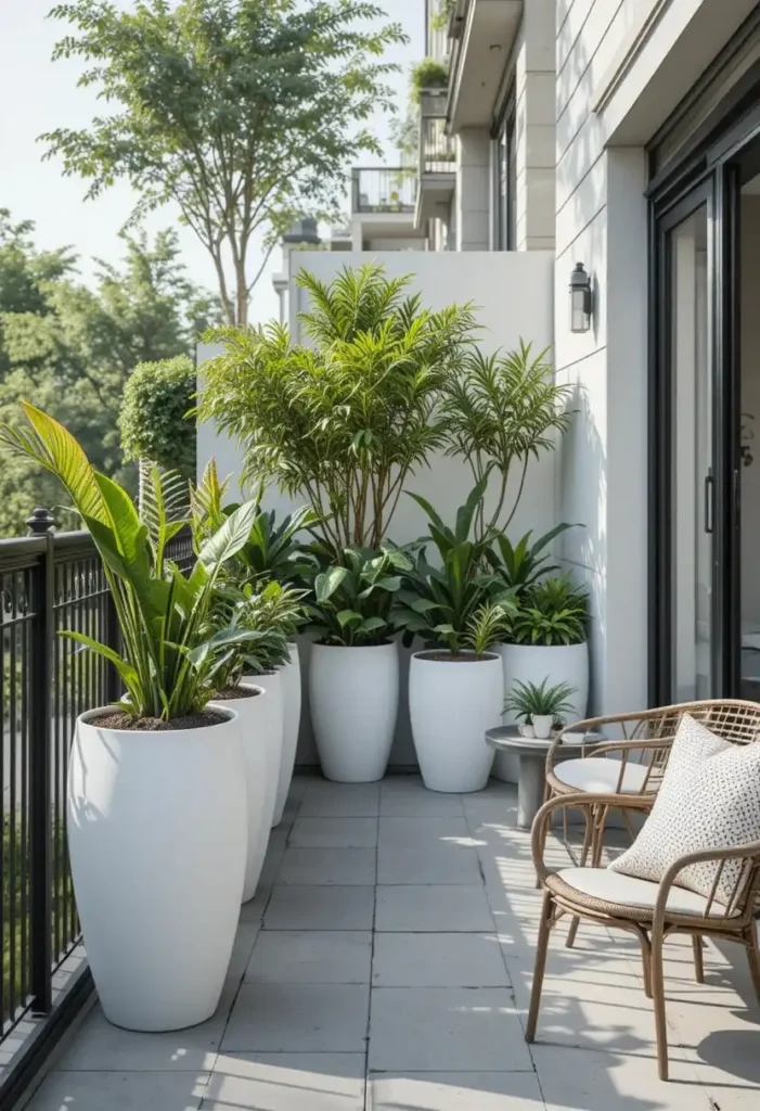 minimal balcony garden with modern clean lines and greenery