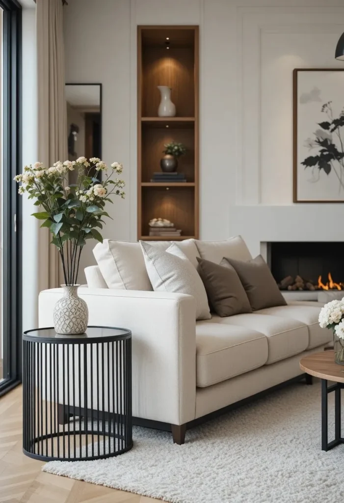 Black metal side table in a stylish living room