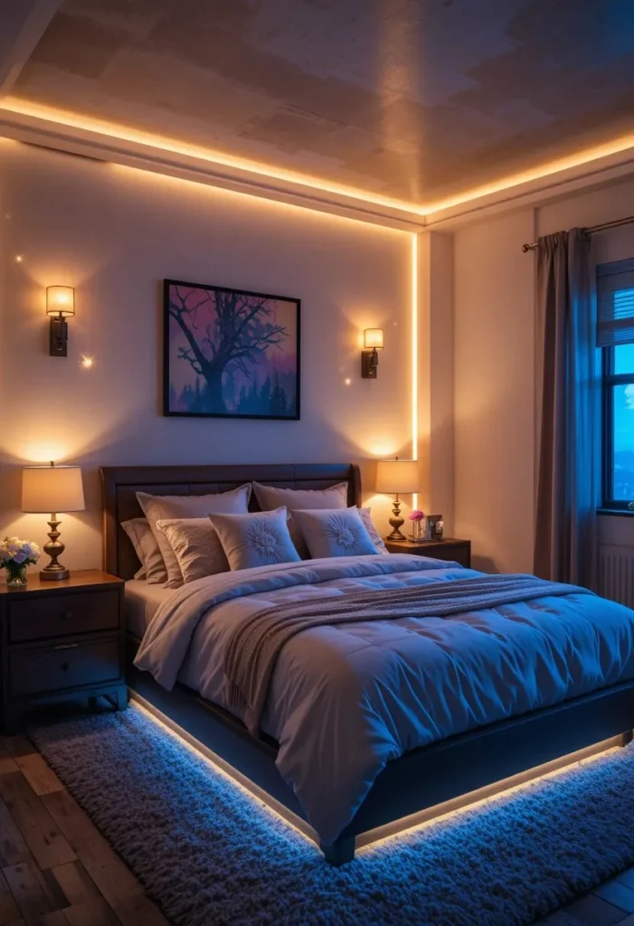 moody bedroom ideas with layered lighting for cozy night atmosphere