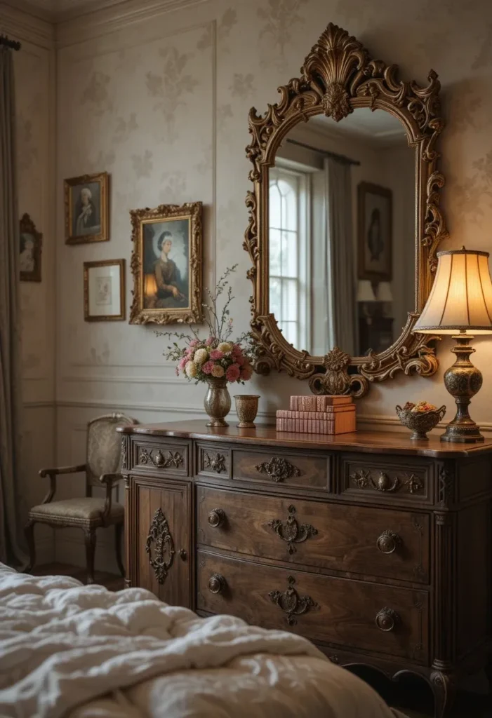 Ornate vintage mirror adding charm and character to a cozy elegant bedroom space.