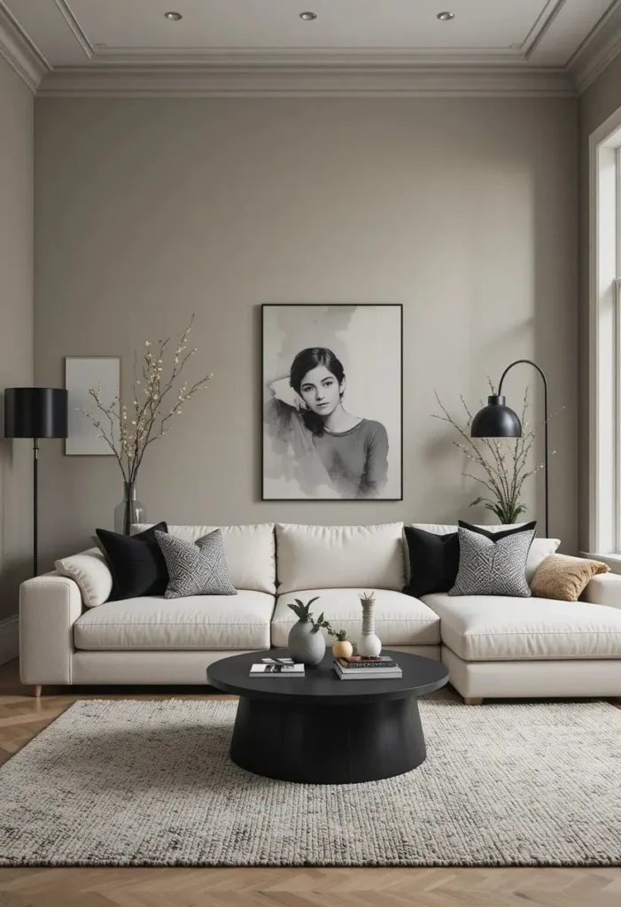 Modern greige living room with neutral elegant decor.