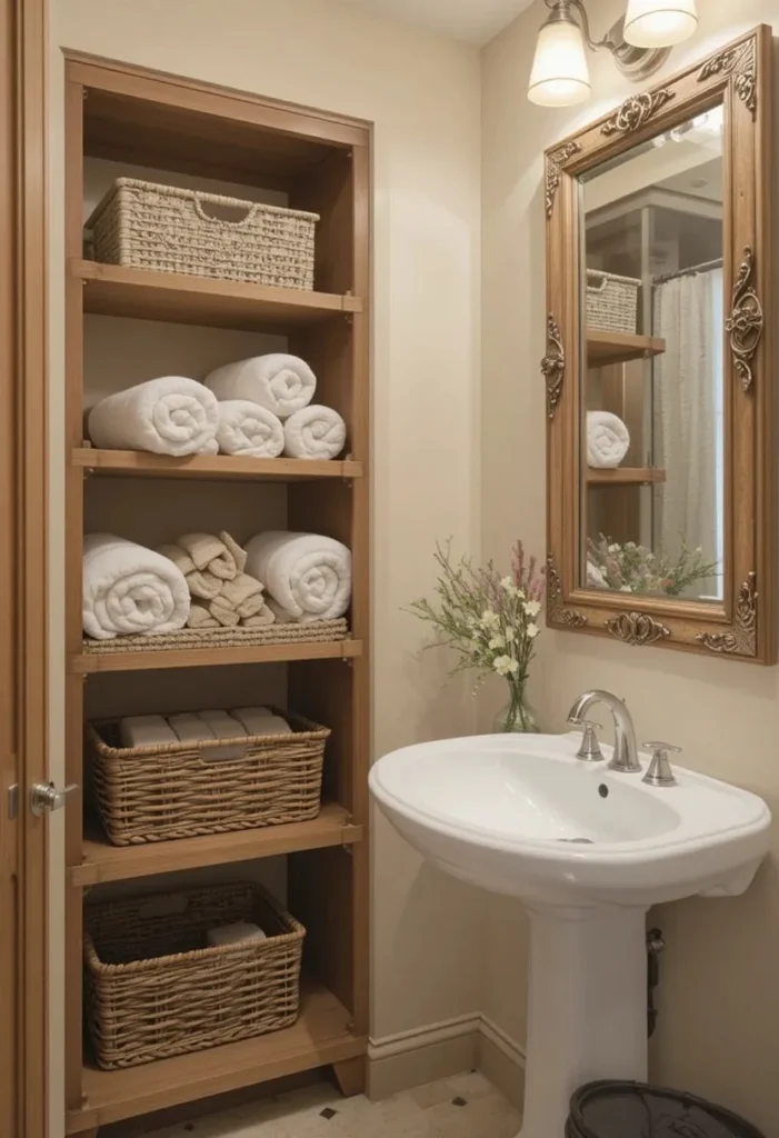 Bathroom sink with open shelving and organized woven storage baskets.