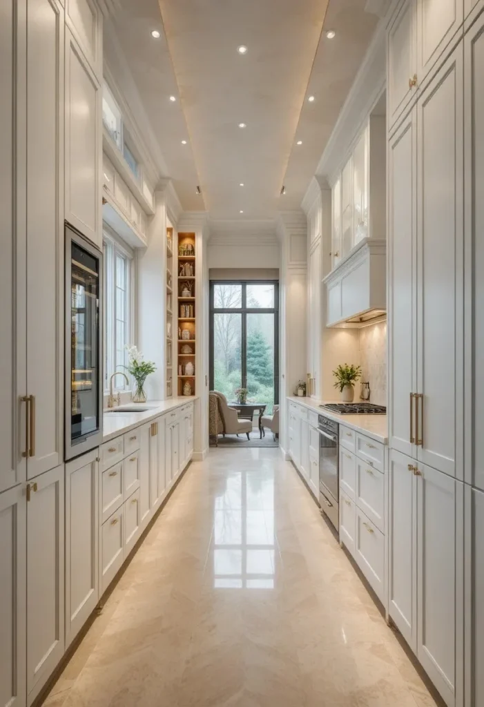 Bright white long kitchen with white cabinets, white countertops, oak wood stools, woven textures, soft sunlight, minimal decor, airy modern kitchen interior, cozy Scandinavian style, Pinterest-worthy photography
