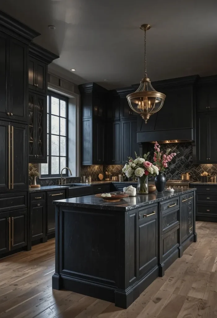 Moody modern kitchen with dark cabinets and bold island centerpiece.