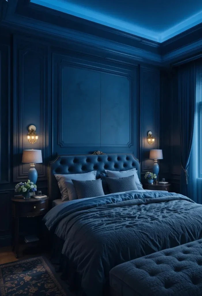 deep blue bedroom with layered warm lighting and cozy mood