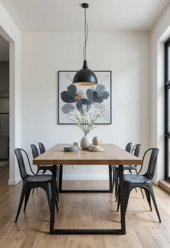 Mixed material dining table combining wood and metal for a modern look