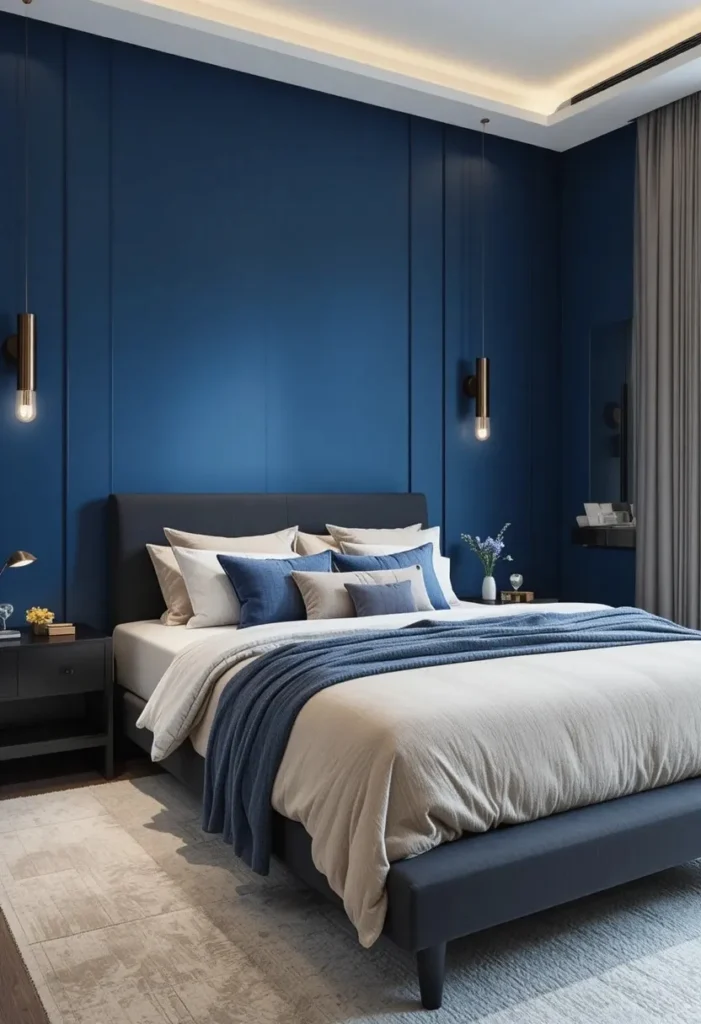 modern blue bedroom ideas with black accents and sleek decor