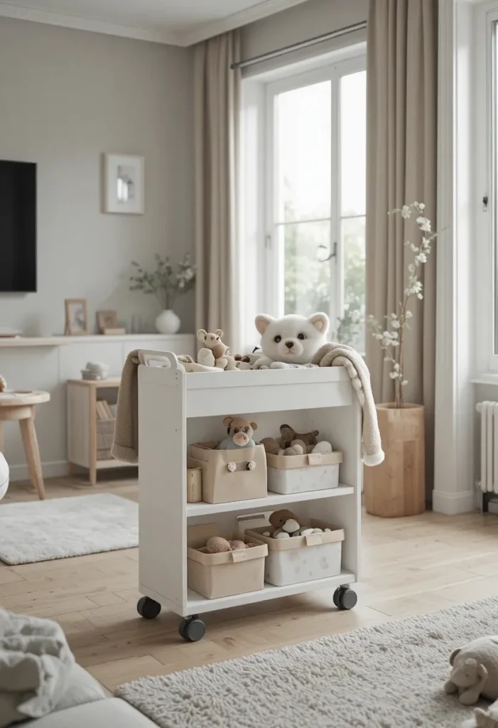 Rolling cart used for flexible toy storage in a modern living room.