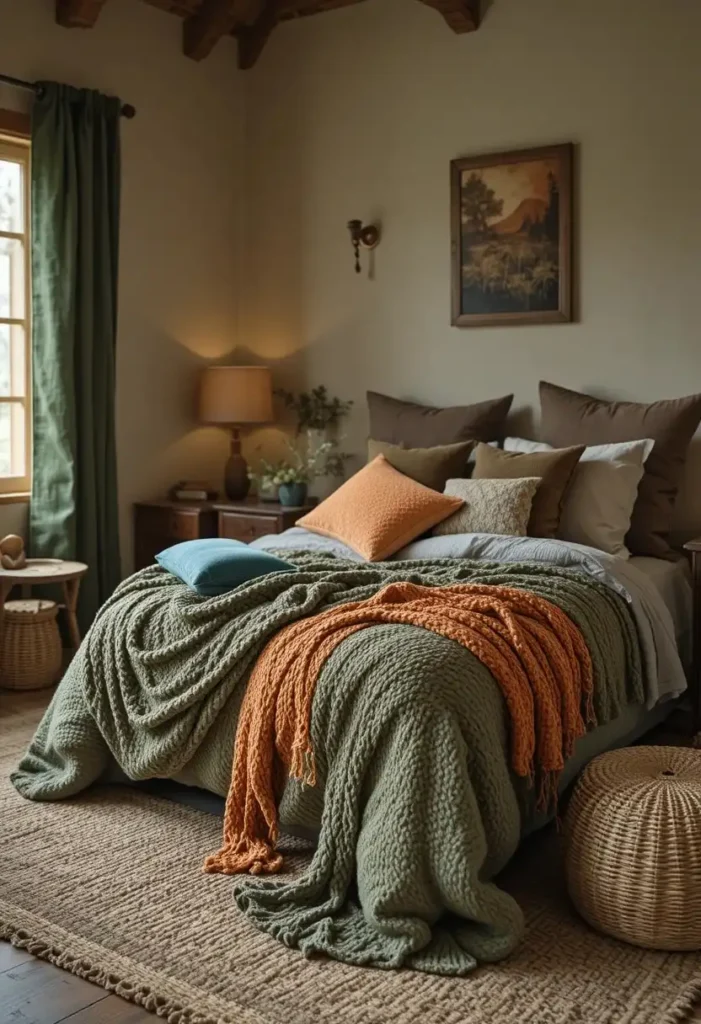 Green and orange bedroom with layered cozy textiles and warm decor