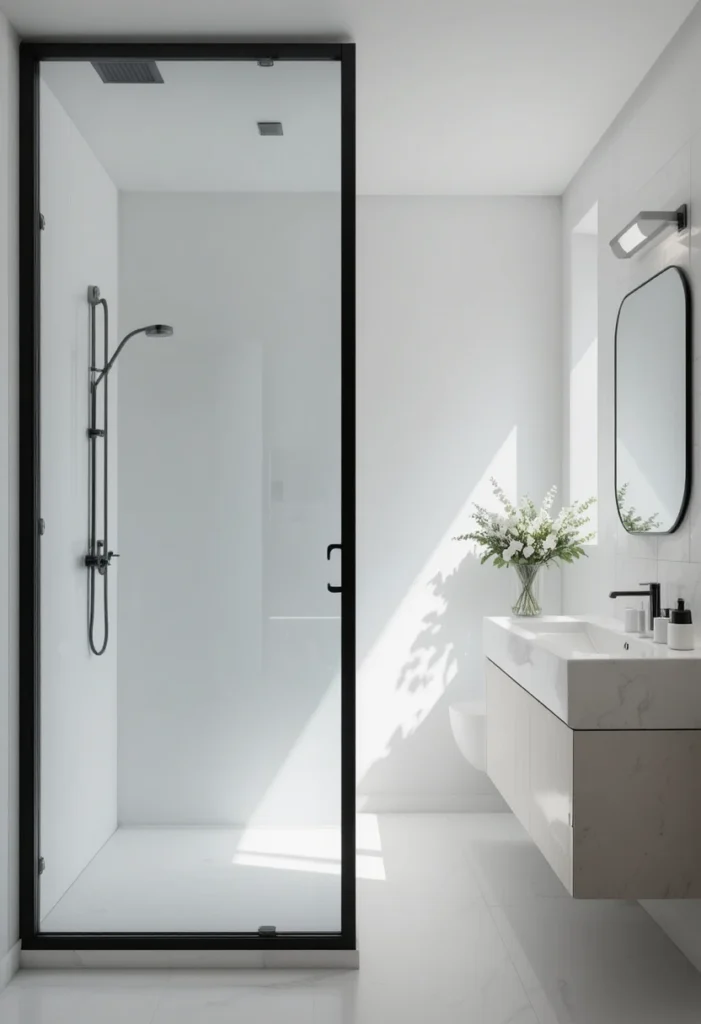 White bathroom with black framed glass shower doors