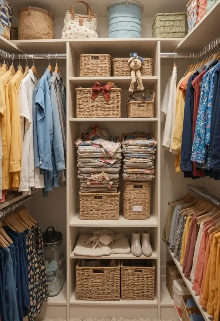 Open shelving kids closet with folded clothes and woven baskets neatly arranged