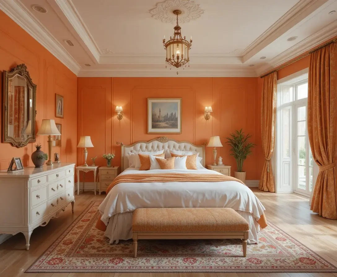 Full view of Beautiful orange bedroom look