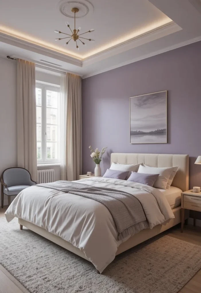 Minimal purple bedroom with soft neutral styling