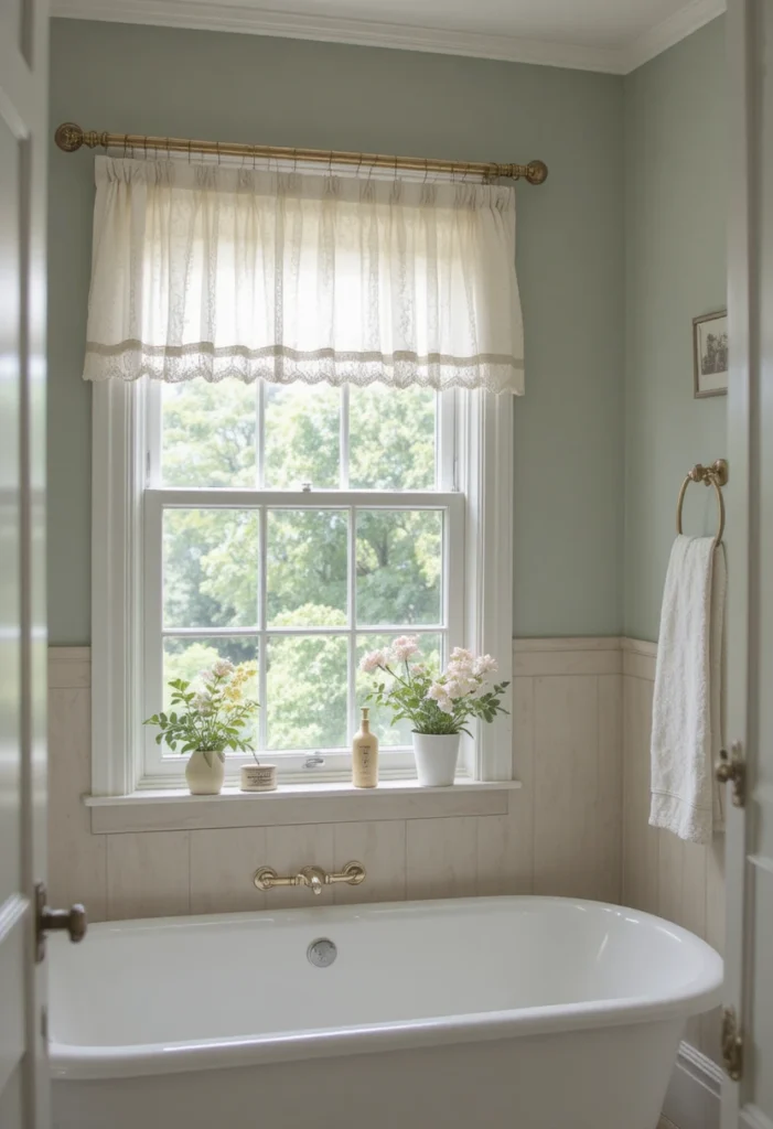White cafe curtains in a cozy cottage-style bathroom window.