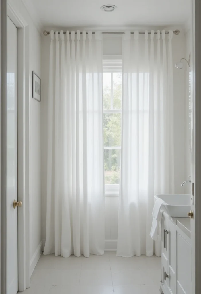 Minimal white bathroom curtains creating a bright and peaceful space.