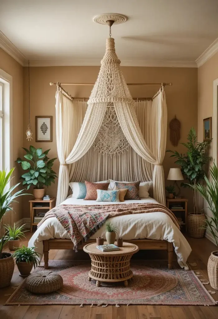 boho macrame canopy bed ideas with earthy textures and cozy decor