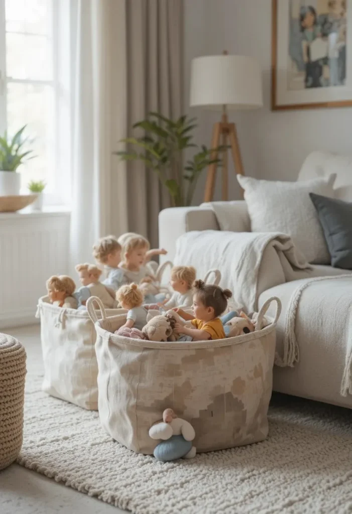 Decorative fabric bins used for toy storage in a modern living room.