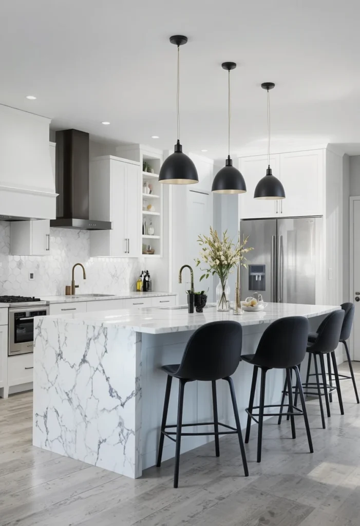 Black bar stools kitchen island creating bold contrast in modern white kitchen