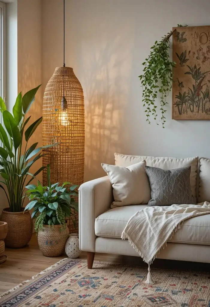 Rattan floor lamp adding organic warmth to a cozy boho living room.