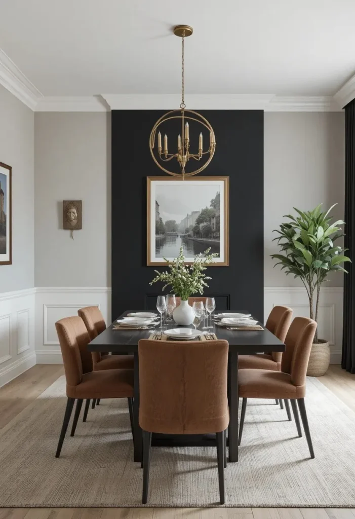 Black accent wall dining room creating subtle and stylish focal point
