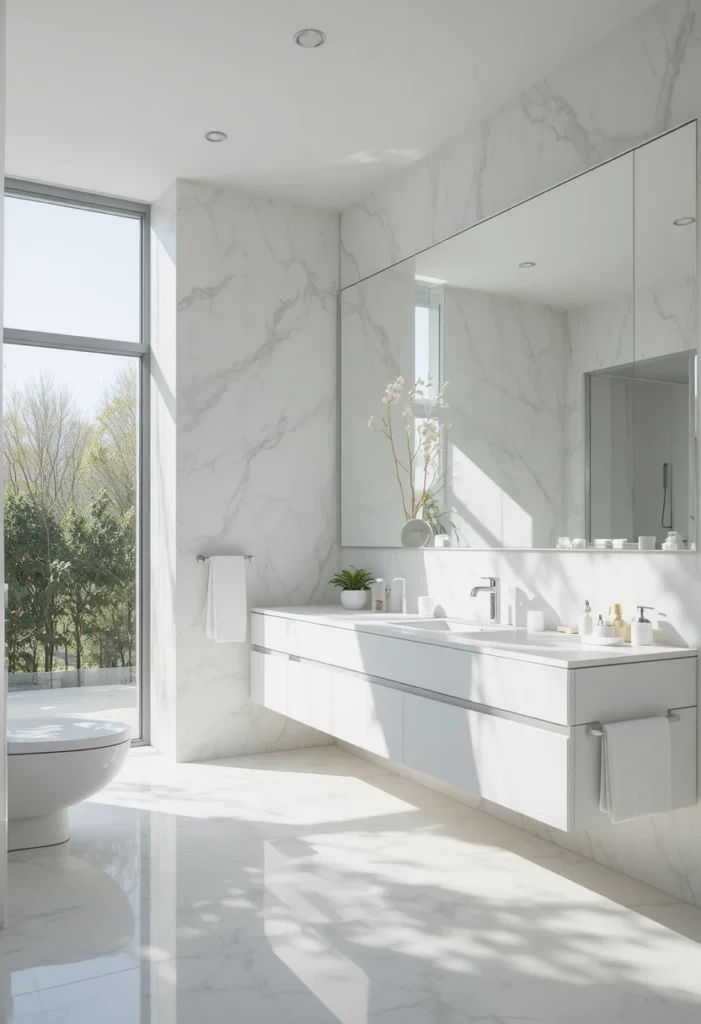 White bathroom with a large mirror reflecting natural light beautifully.