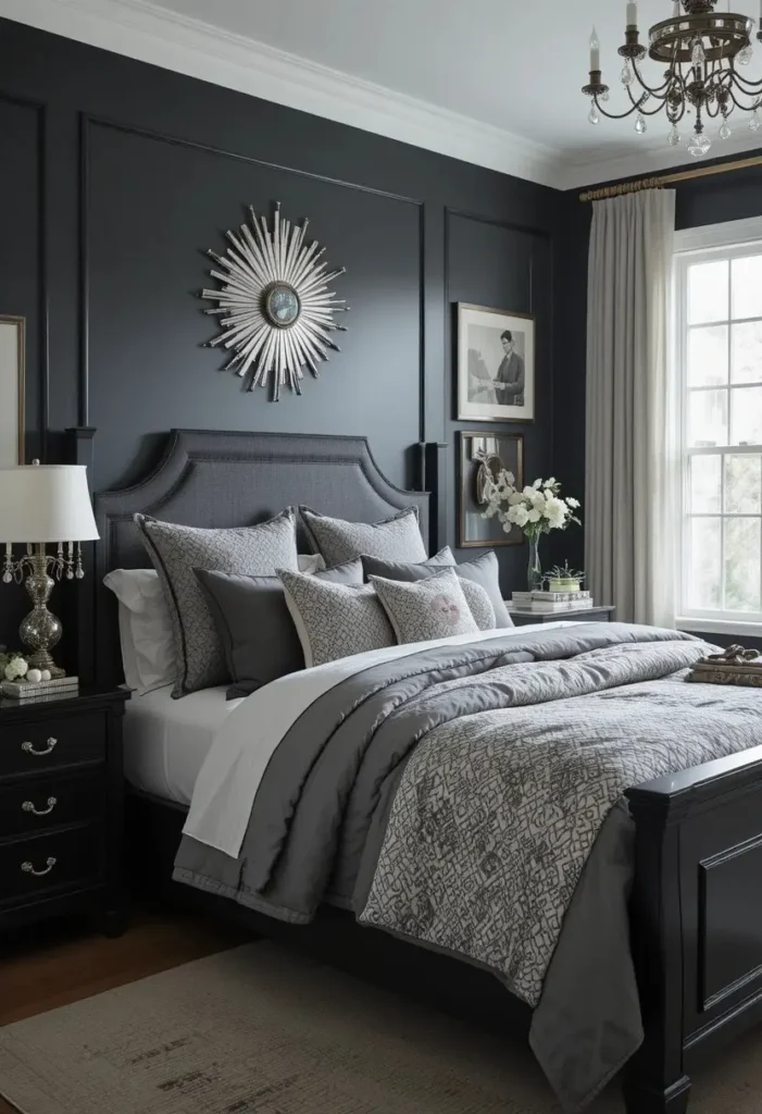 Gray layered bedding in black and silver room