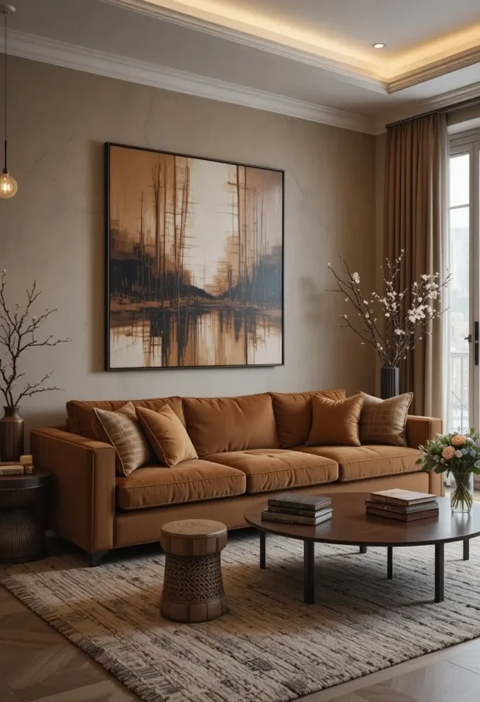 Warm wall art above a brown couch