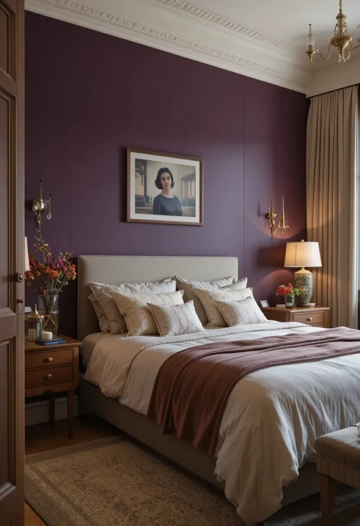 Deep plum accent wall in a warm cozy bedroom