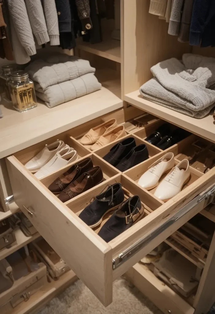 Pull-out shoe drawer organizer inside a closet with neatly stored shoes