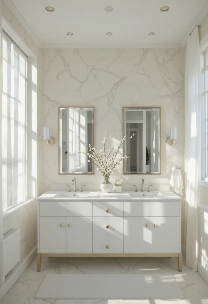 Double sink bathroom filled with natural sunlight and airy neutral decor.