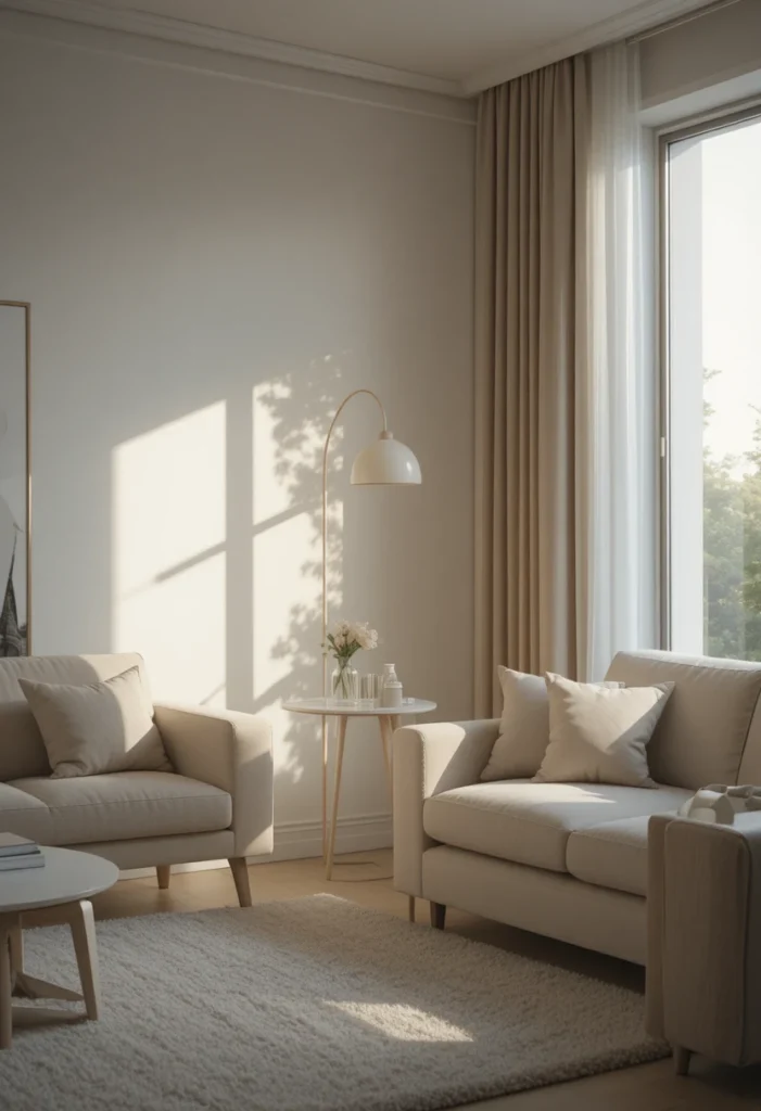 Minimal floor lamp in a clean modern neutral living room.