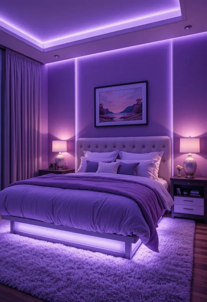 Purple bedroom with warm ambient evening lighting