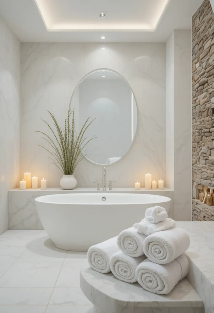 Spa-inspired white bathroom with calming textures and soft lighting.